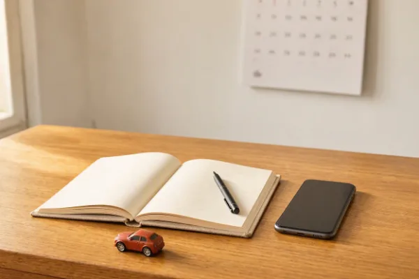 Mesa com notebook, celular, bloco de anotações e chaves de carro