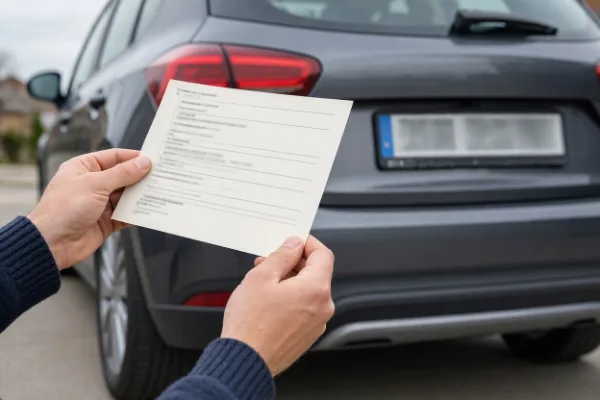 Traseira de um carro estacionado com uma mão segurando um celular