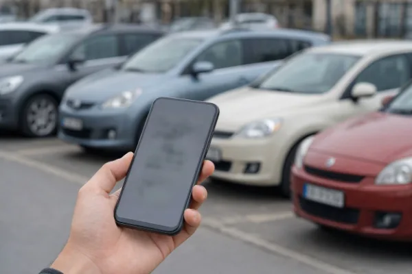 Fileira de carros de passeio estacionados em uma rua arborizada